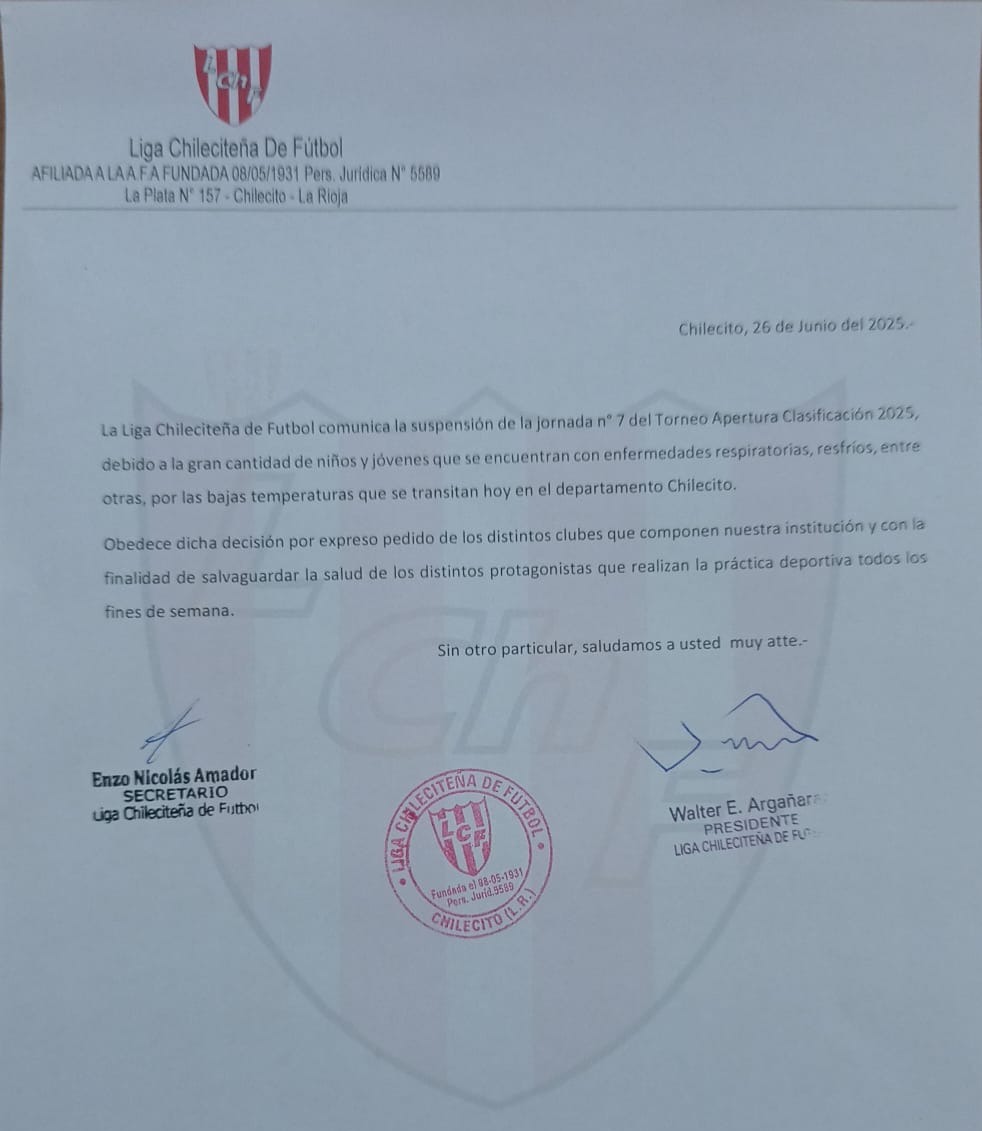 FÚTBOL CHILECITEÑO SUSPENDIDO POR EL FRÍO Y LA SALUD DE LOS PROTAGONISTAS