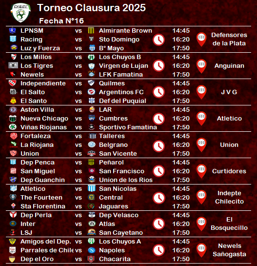 FÚTBOL SENIORS: LOS PARTIDOS DE LA FECHA 16 DEL CLAUSURA