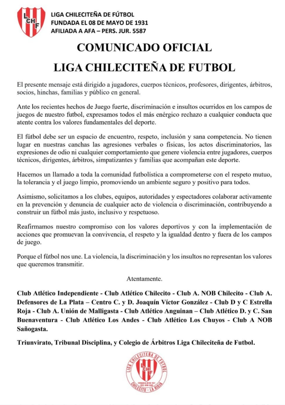LA LIGA CHILECITEÑA DE FÚTBOL REPUDIA LOS HECHOS DISCRIMINATORIOS EN CANCHAS