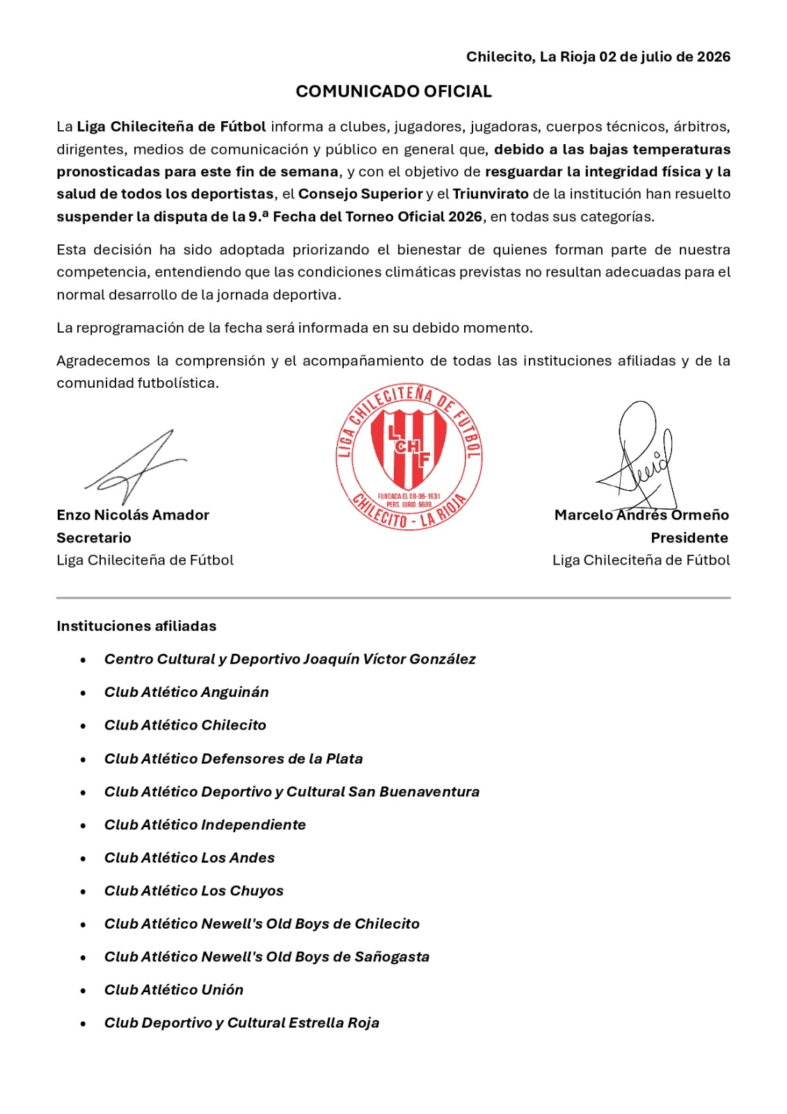 LIGA CHILECITEÑA DE FÚTBOL: SE SUSPENDE LA FECHA POR LA CUESTIÓN CLIMÁTICA