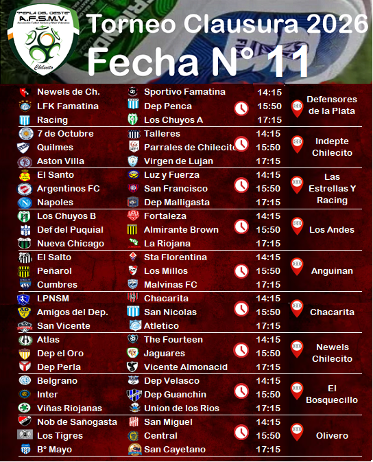 FÚTBOL SENIORS: CRONOGRAMA DE JUEGOS DE LA FECHA 11 DEL CLAUSURA